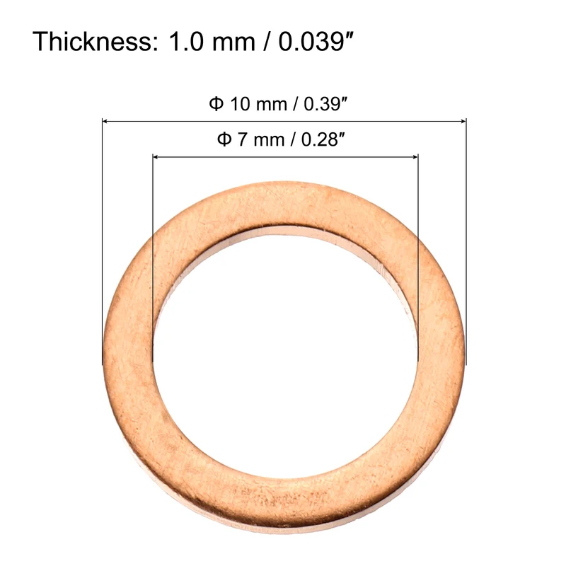 30 Pcs Flat Copper Washers, 7x10x1mm Copper Flat Sealing Crush Ring Washers