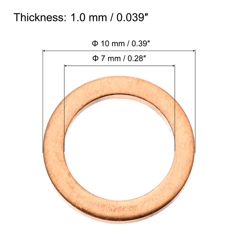 22 Pcs Flat Copper Washers, 7x10x1mm Copper Flat Sealing Crush Ring Washers