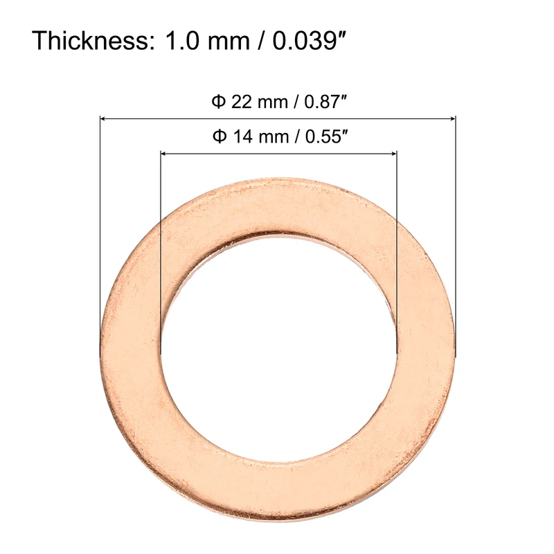 30 Pcs Flat Copper Washers, 14x22x1mm Copper Flat Sealing Crush Ring Washers