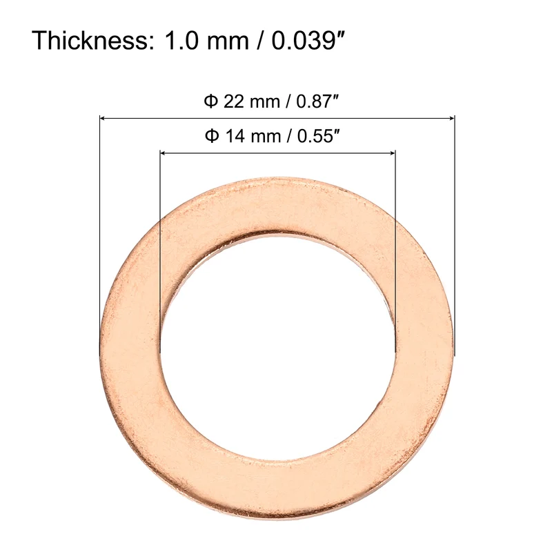 12 Pcs Flat Copper Washers, 14x22x1mm Copper Flat Sealing Crush Ring Washers