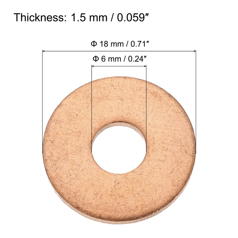 30 Pcs Flat Copper Washers, 6x18x1.5mm Copper Flat Sealing Crush Ring Washers