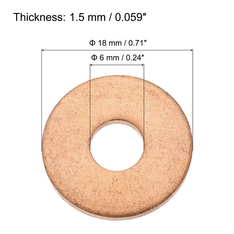 12 Pcs Flat Copper Washers, 6x18x1.5mm Copper Flat Sealing Crush Ring Washers