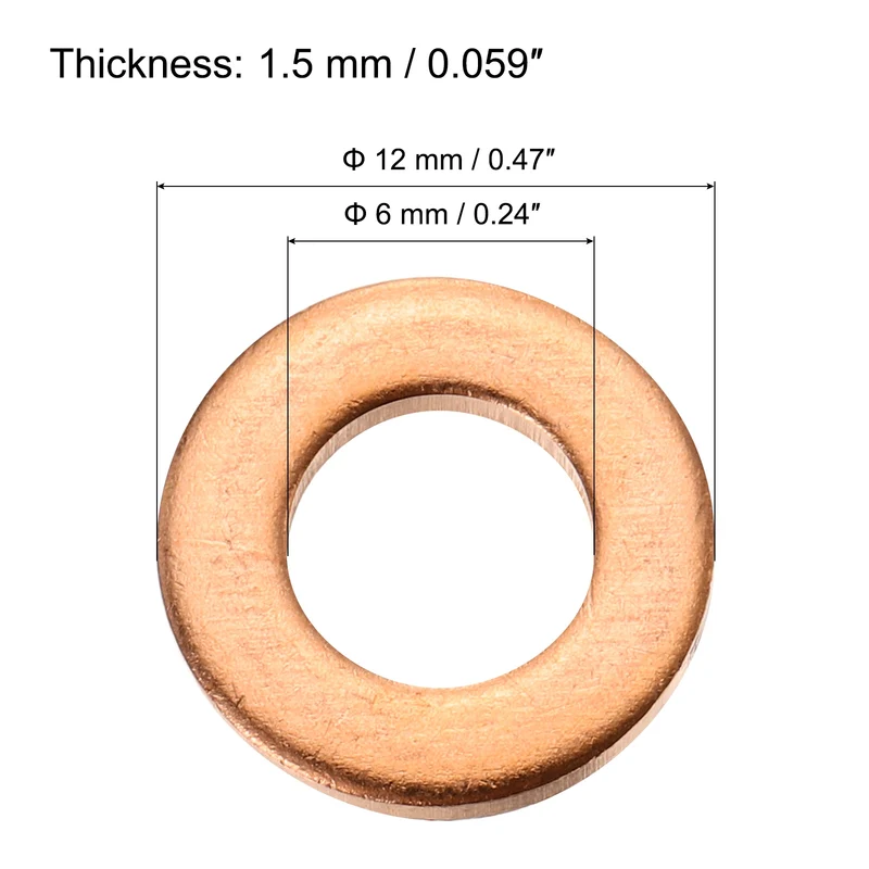 52 Pcs Flat Copper Washers, 6x12x1.5mm Copper Flat Sealing Crush Ring Washers