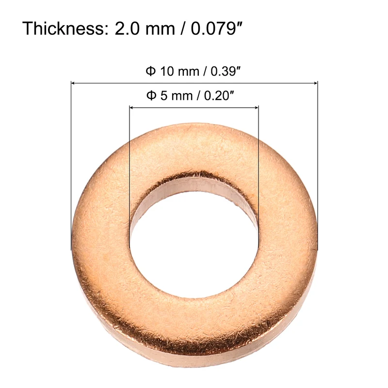 22 Pcs Flat Copper Washers, 5x10x2mm Copper Flat Sealing Crush Ring Washers