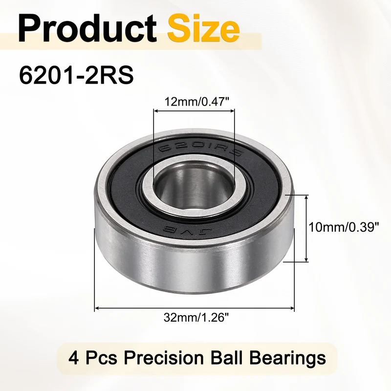 4Pcs 6201-2RS Deep Groove Ball Bearings 12x32x10mm ZV4 Level ABEC7 Precision