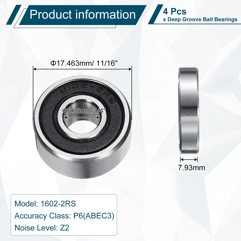 1602-2RS Deep Groove Ball Bearing, 4pcs, 6mm x 18mm x 8mm, Z2 Double Rubber