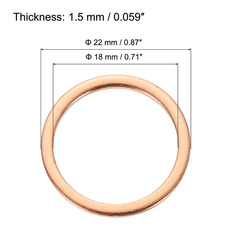 12 Pcs Flat Copper Washers, 18x22x1.5mm Copper Flat Sealing Crush Ring Washers
