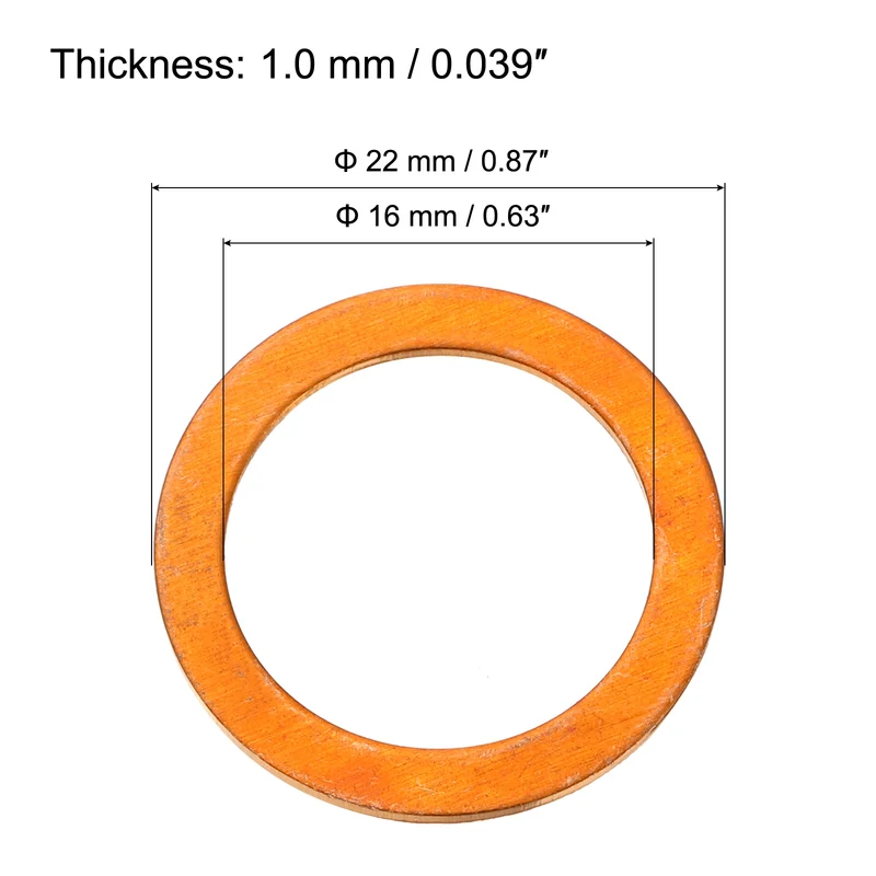 52 Pcs Flat Copper Washers, 16x22x1mm Copper Flat Sealing Crush Ring Washers