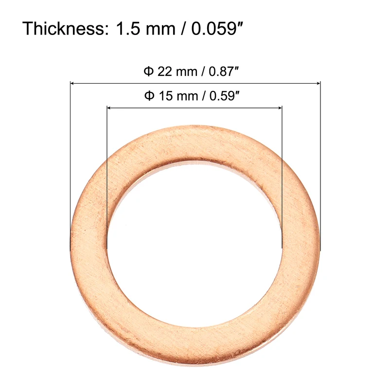 12 Pcs Flat Copper Washers, 15x22x1.5mm Copper Flat Sealing Crush Ring Washers