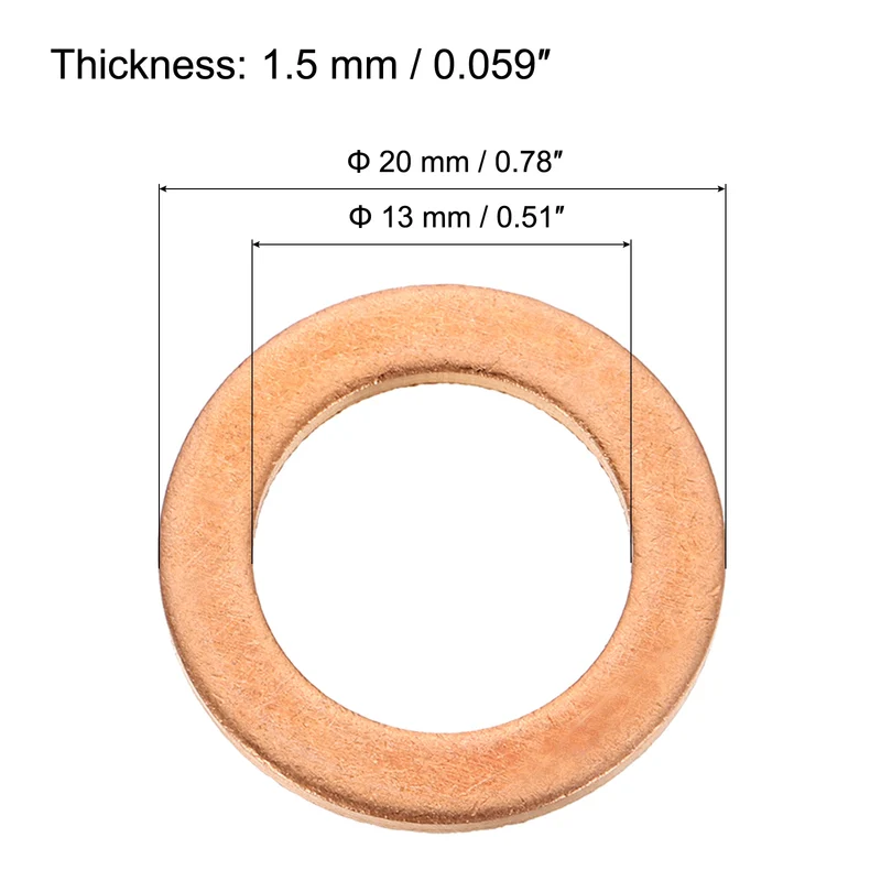 52 Pcs Flat Copper Washers, 13x20x1.5mm Copper Flat Sealing Crush Ring Washers