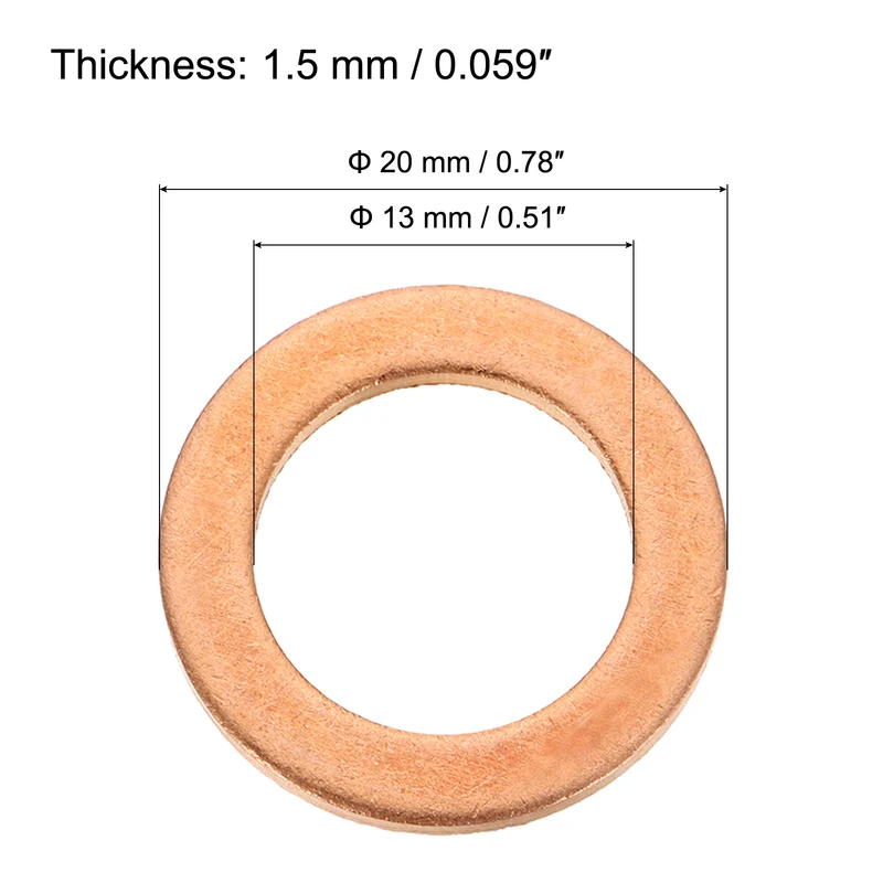 22 Pcs Flat Copper Washers, 13x20x1.5mm Copper Flat Sealing Crush Ring Washers