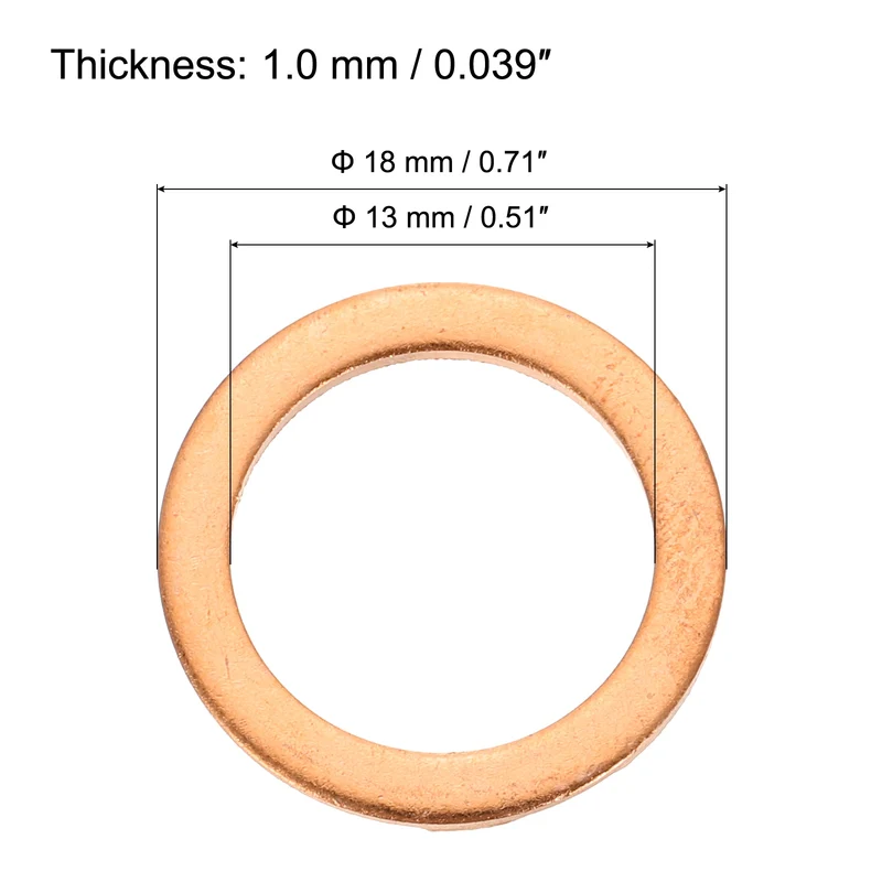 52 Pcs Flat Copper Washers, 13x18x1mm Copper Flat Sealing Crush Ring Washers