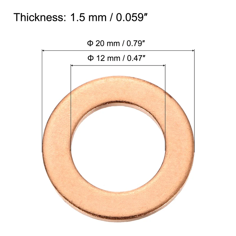 52 Pcs Flat Copper Washers, 12x20x1.5mm Copper Flat Sealing Crush Ring Washers
