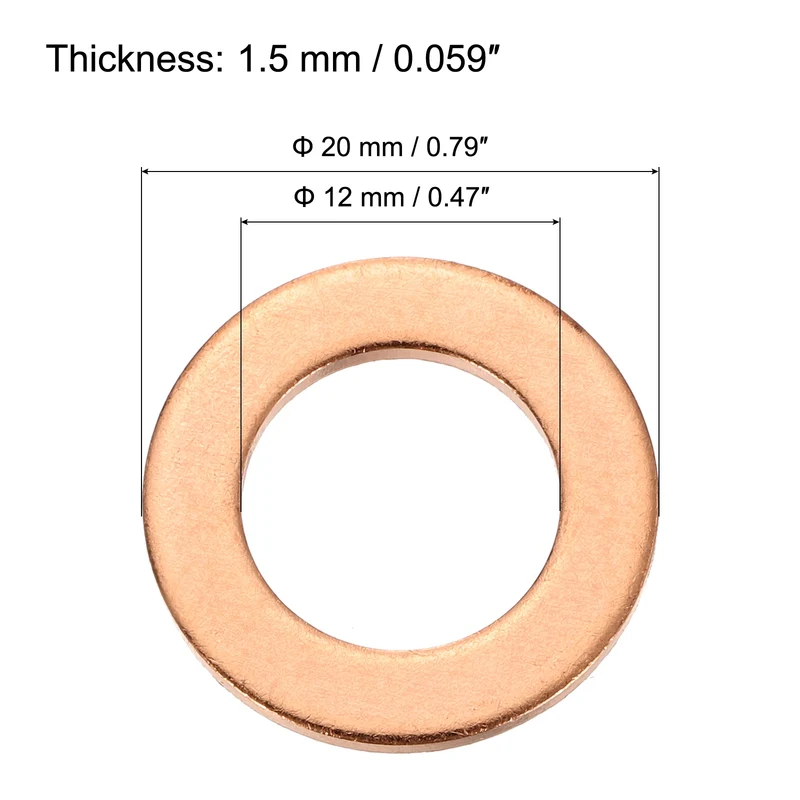 22 Pcs Flat Copper Washers, 12x20x1.5mm Copper Flat Sealing Crush Ring Washers