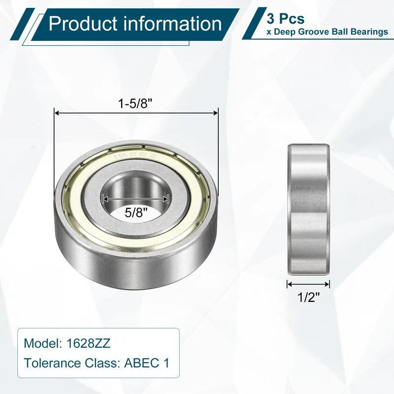 3Pcs 1628ZZ Deep Groove Ball Bearing, 5/8" x 1-5/8" x 1/2" Sealed Bearing