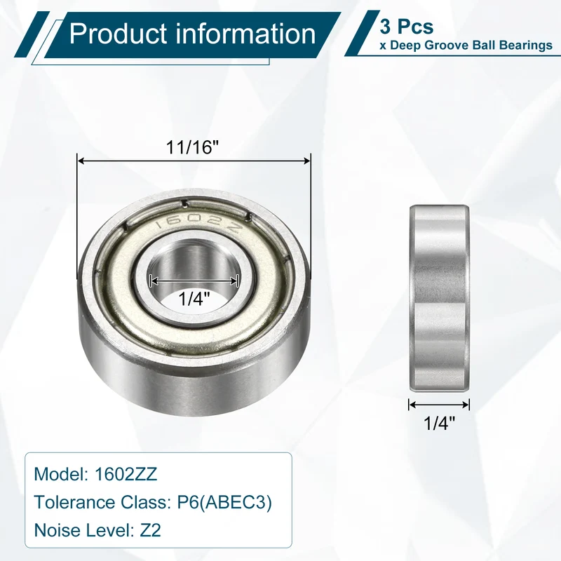 1602ZZ Deep Groove Ball Bearing, 3pcs, 1/4" x 11/16" x 1/4", Z2 Sealed Bearing