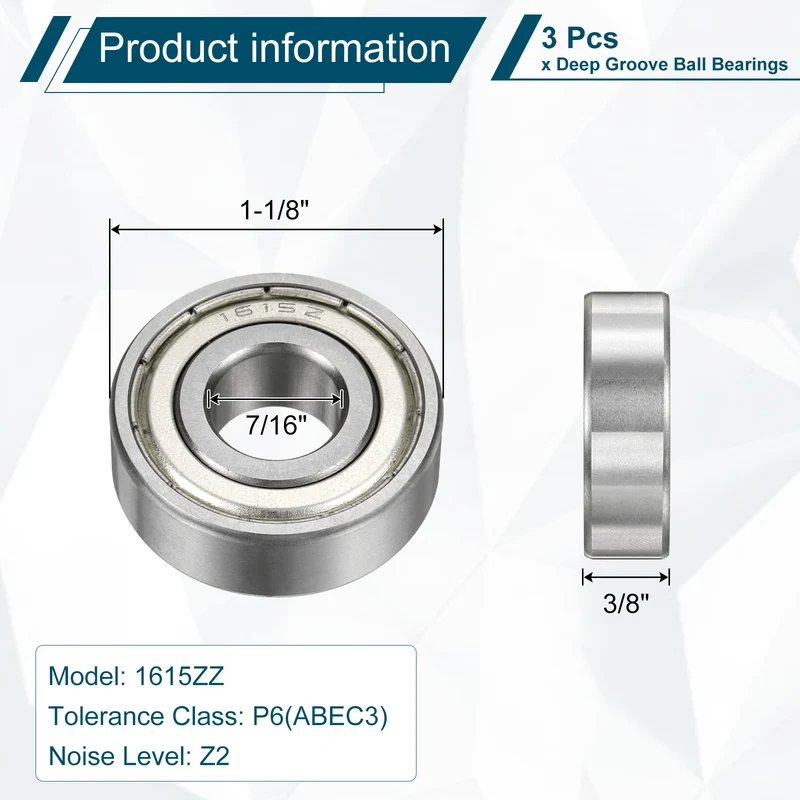 1615ZZ Deep Groove Ball Bearing, 3pcs, 7/16" x 1-1/8" x 3/8", Z2 Sealed Bearing