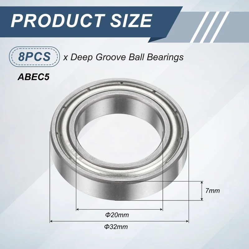 8Pcs 6804ZZ 20mmx32mmx7mm Metal Shielded Deep Groove Ball Bearing, Silver