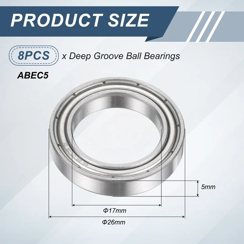 8Pcs 6803ZZ 17mmx26mmx5mm Metal Shielded Deep Groove Ball Bearing, Silver