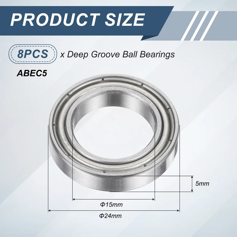 8Pcs 6802ZZ 15mmx24mmx5mm Metal Shielded Deep Groove Ball Bearing, Silver