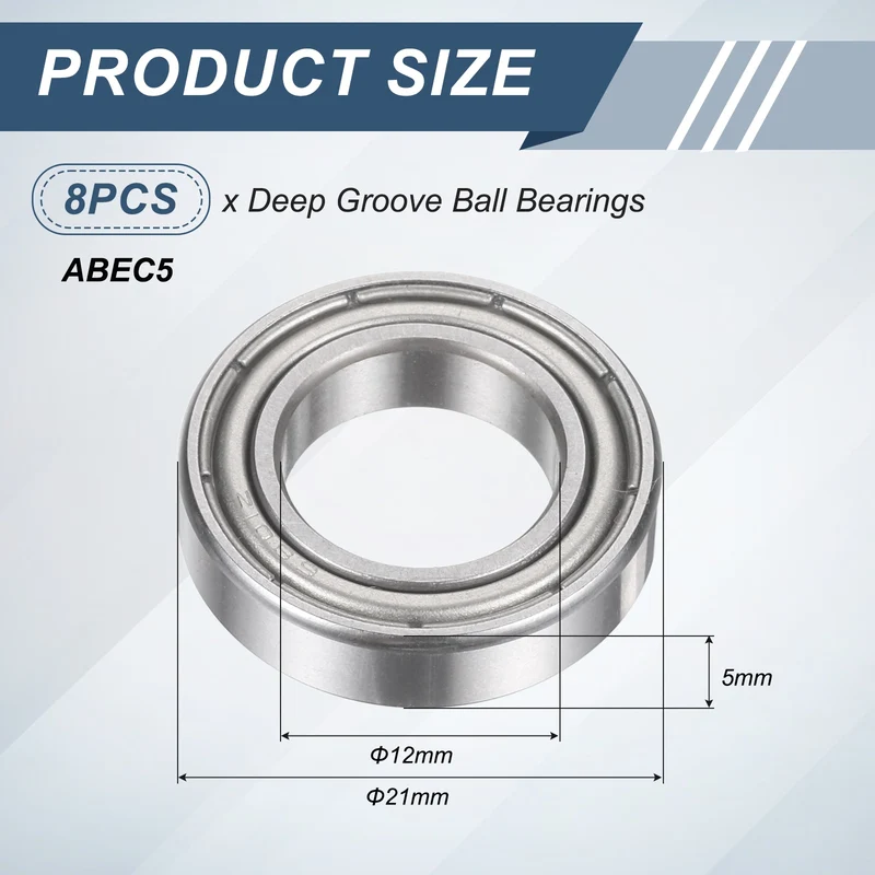 8Pcs 6801ZZ 12mmx21mmx5mm Metal Shielded Deep Groove Ball Bearing, Silver