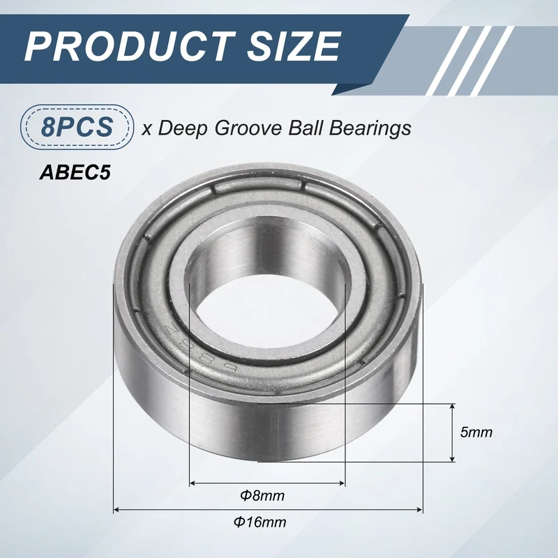 8Pcs 688ZZ 8mmx16mmx5mm Metal Shielded Deep Groove Ball Bearing, Silver