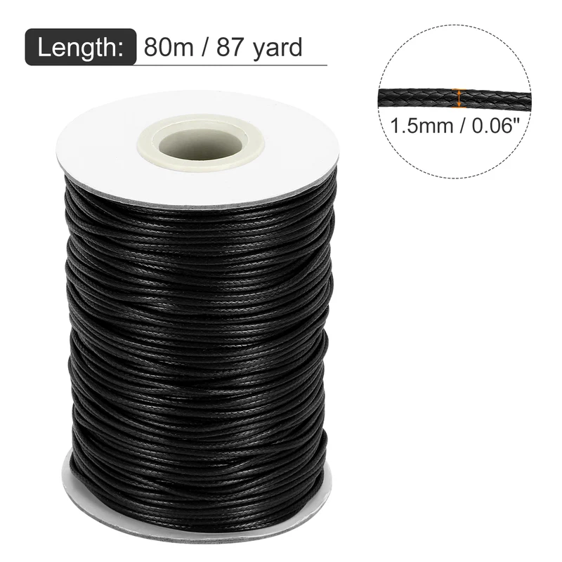 Waxed Cord 1.5mm Waxed Thread 87 Yard Wax String Leather Cord (Black)