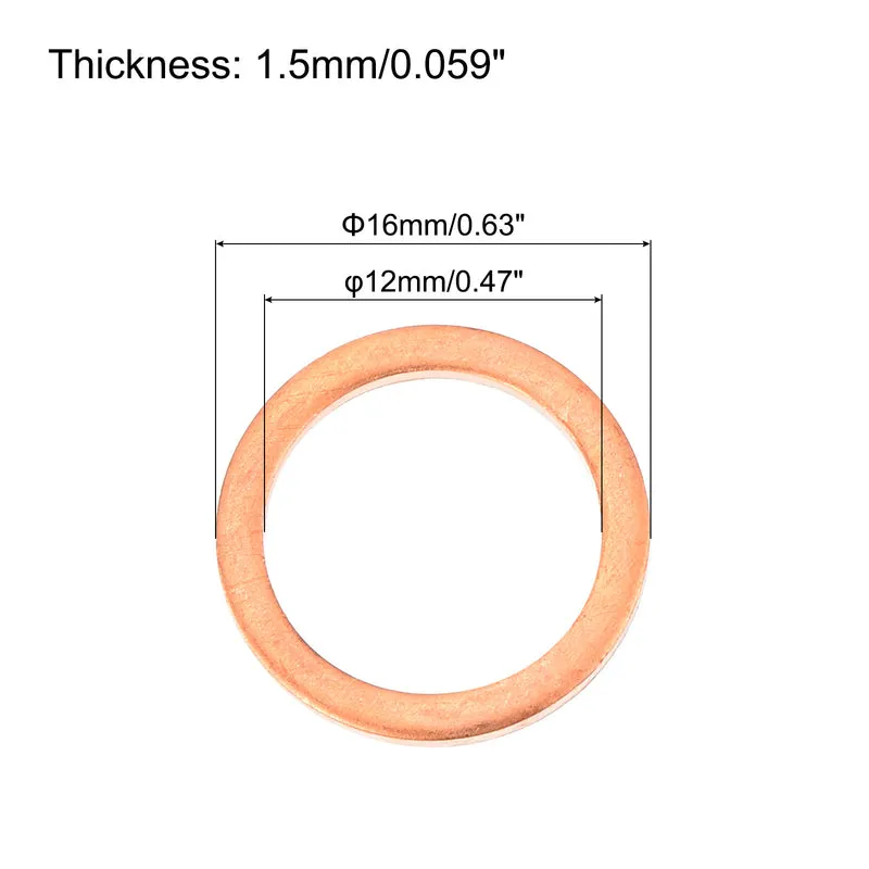 52 Pcs Flat Copper Washers 12x16x1.5mm Copper Flat Sealing Ring Washers