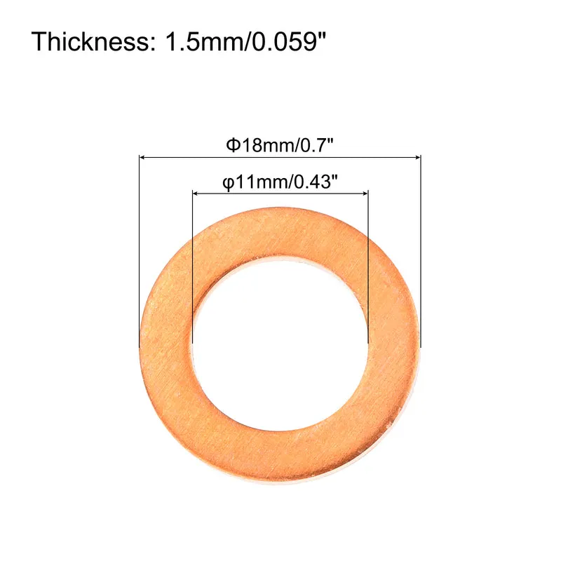 22 Pcs Flat Copper Washers 11x18x1.5mm Copper Flat Sealing Ring Washers