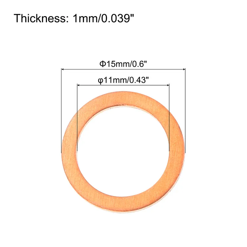 52 Pcs Flat Copper Washers 11x15x1mm Copper Flat Sealing Ring Washers