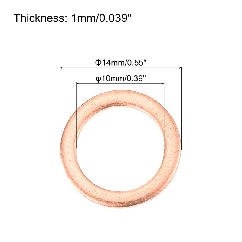 52 Pcs Flat Copper Washers 10x14x1mm Copper Flat Sealing Ring Washers