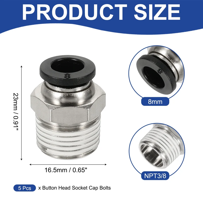 5 Pcs NPT Male 8mm Tube OD x 3/8" NPT Thread Push to Connect Fittings, Black