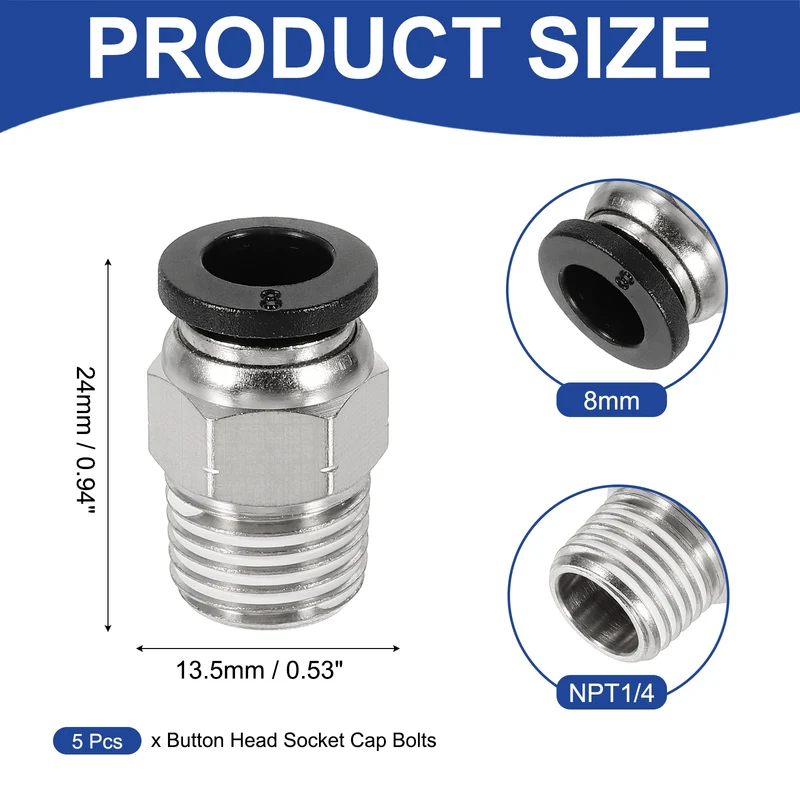 5 Pcs NPT Male 8mm Tube OD x 1/4" NPT Thread Push to Connect Fittings, Black