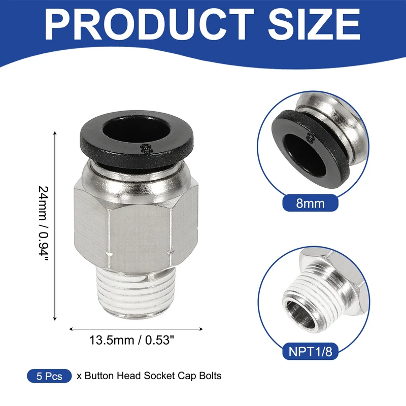 5 Pcs NPT Male 8mm Tube OD x 1/8" NPT Thread Push to Connect Fittings, Black