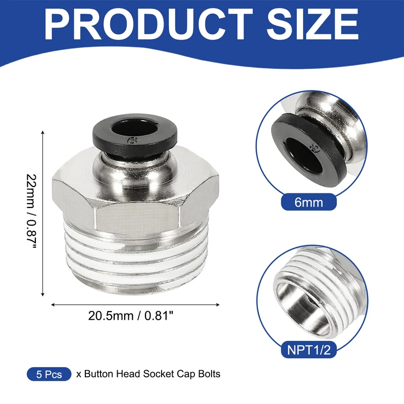 5 Pcs NPT Male 6mm Tube OD x 1/2" NPT Thread Push to Connect Fittings, Black