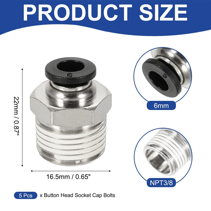5 Pcs NPT Male 6mm Tube OD x 3/8" NPT Thread Push to Connect Fittings, Black