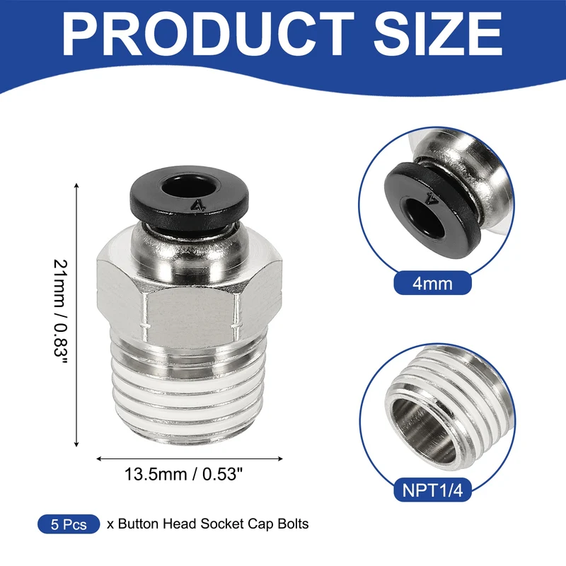 5 Pcs NPT Male 4mm Tube OD x 1/4" NPT Thread Push to Connect Fittings, Black