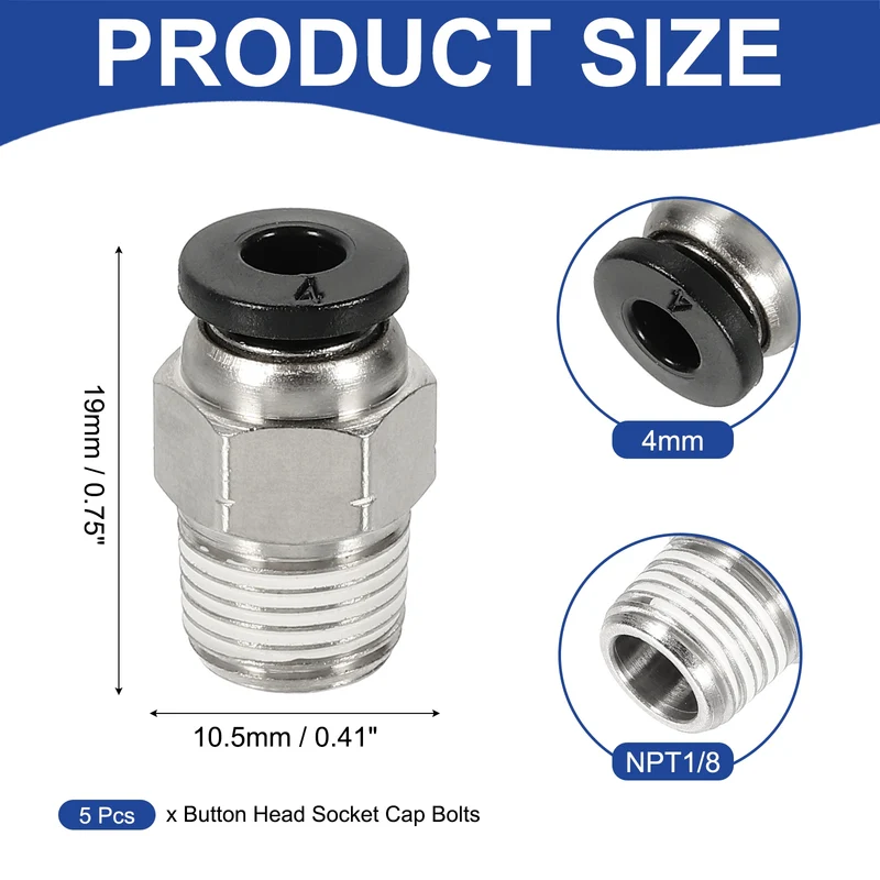 5 Pcs NPT Male 4mm Tube OD x 1/8" NPT Thread Push to Connect Fittings, Black