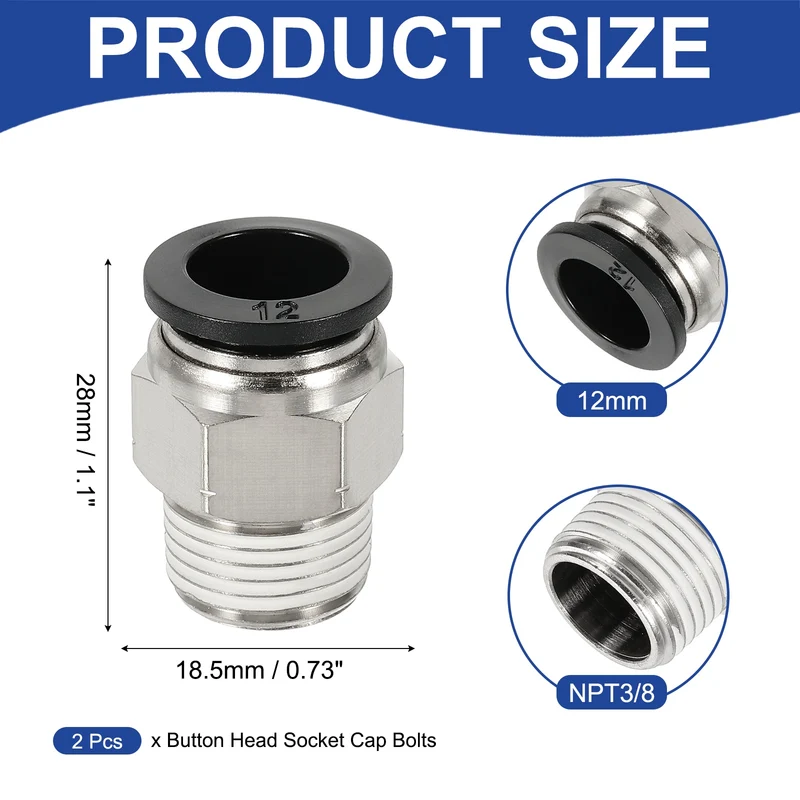 2 Pcs NPT Male 12mm Tube OD x 3/8" NPT Thread Push to Connect Fittings, Black