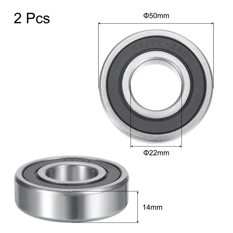 Deep Groove Ball Bearings 62/22-2RS,22x50x14 Rubber Seal Bearings 2 PCS