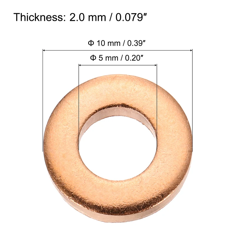 12 Pcs Flat Copper Washers, 5x10x2mm Copper Flat Sealing Crush Ring Washers