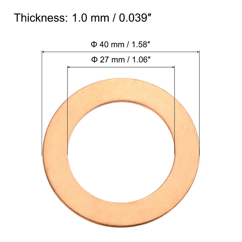 22 Pcs Flat Copper Washers, 27x40x1mm Copper Flat Sealing Crush Ring Washers