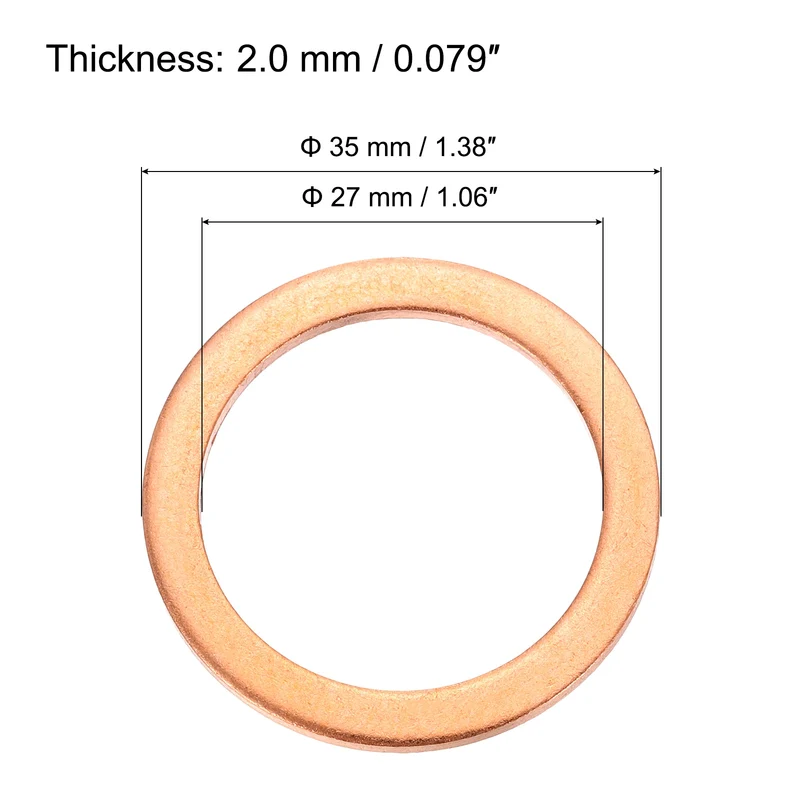 6 Pcs Flat Copper Washers, 27x35x2mm Copper Flat Sealing Crush Ring Washers