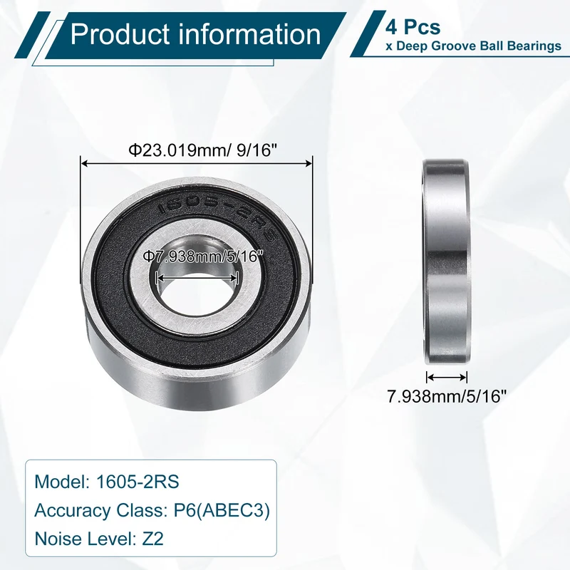1605-2RS Deep Groove Ball Bearing, 4pcs, 8mm x 23mm x 8mm, Z2 Double Rubber