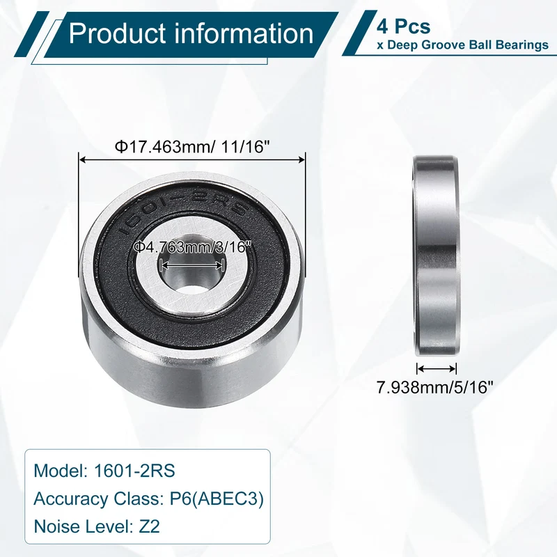 1601-2RS Deep Groove Ball Bearing, 4pcs, 5mm x 17mm x 8mm, Z2 Double Rubber