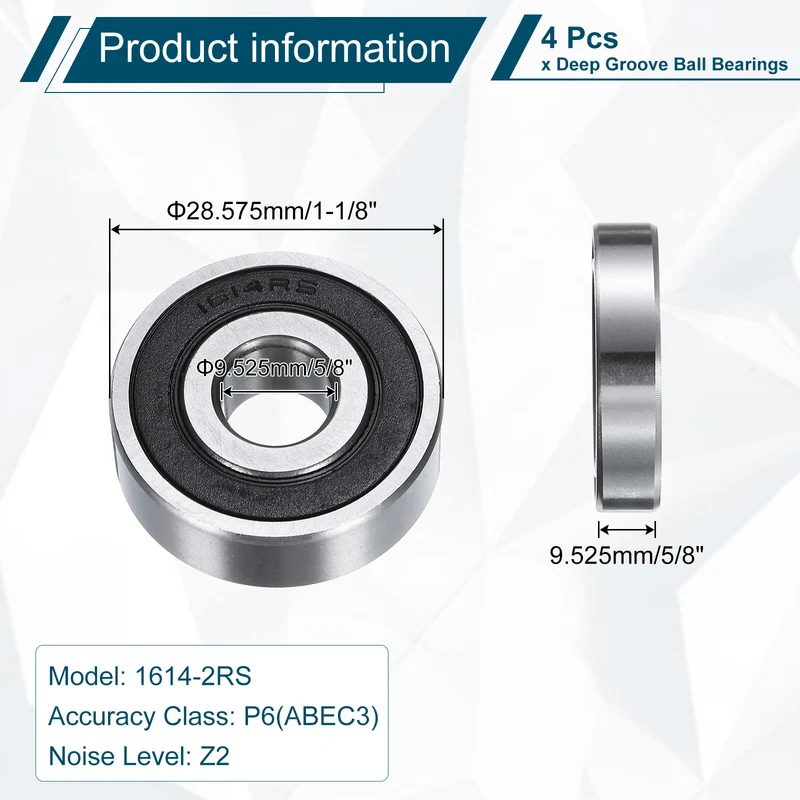 1614-2RS Deep Groove Ball Bearing, 4pcs, 9mm x 29mm x 10mm, Z2 Double Rubber