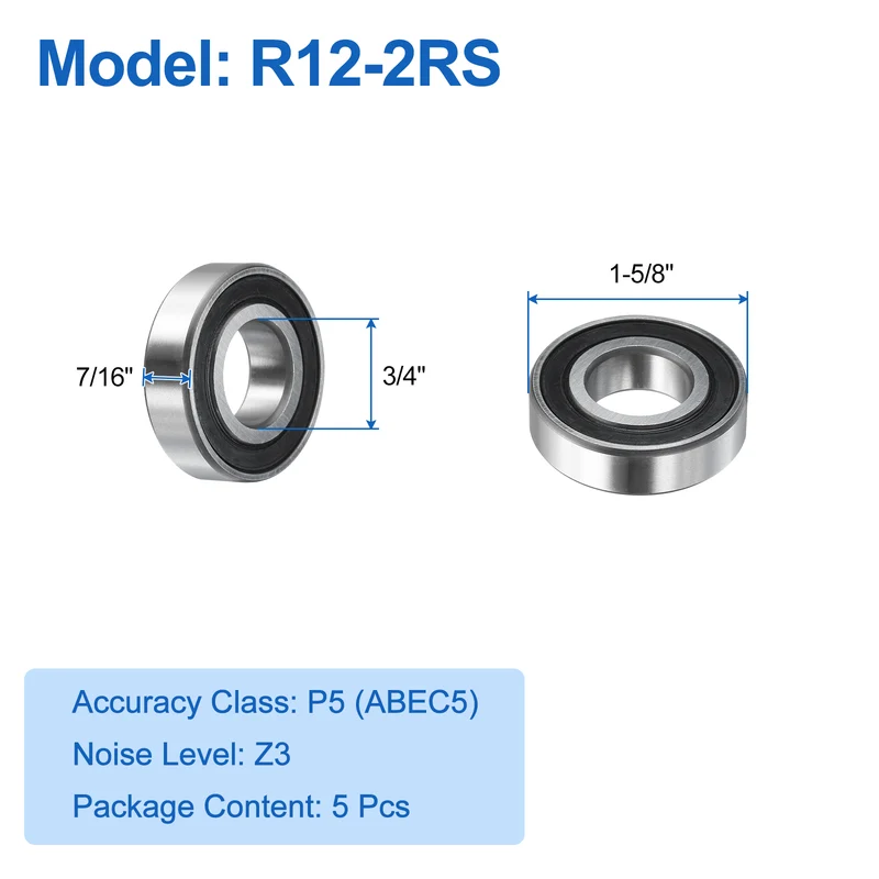 5Pcs R12-2RS Deep Groove Ball Bearings 3/4"x1-5/8"x7/16"Double Metal Shielded Z3