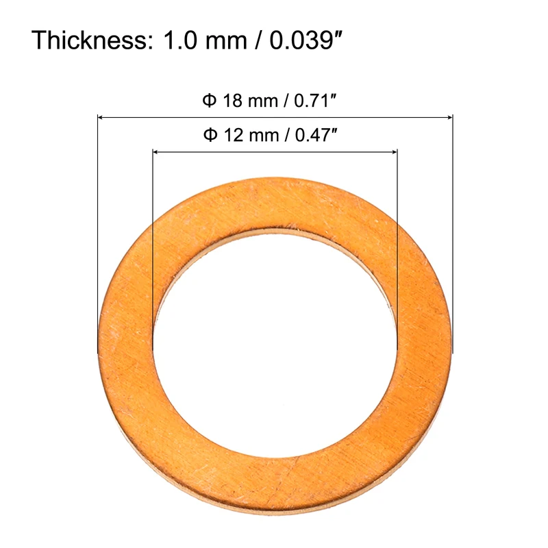 12 Pcs Flat Copper Washers, 12x18x1mm Copper Flat Sealing Crush Ring Washers