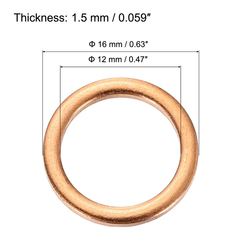 22 Pcs Flat Copper Washers, 12x16x1.5mm Copper Flat Sealing Crush Ring Washers