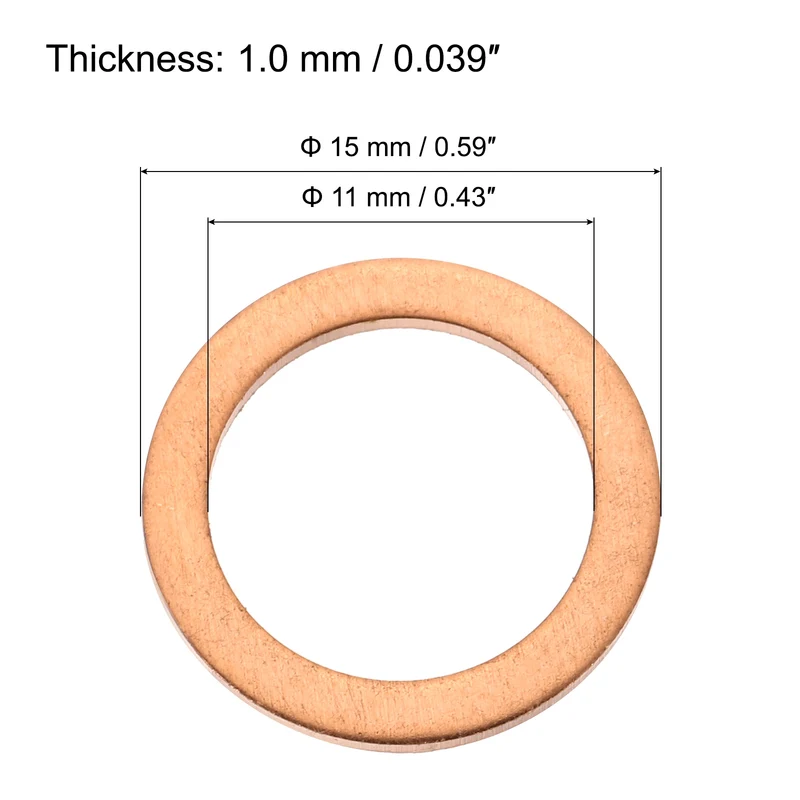 22 Pcs Flat Copper Washers, 11x15x1mm Copper Flat Sealing Crush Ring Washers